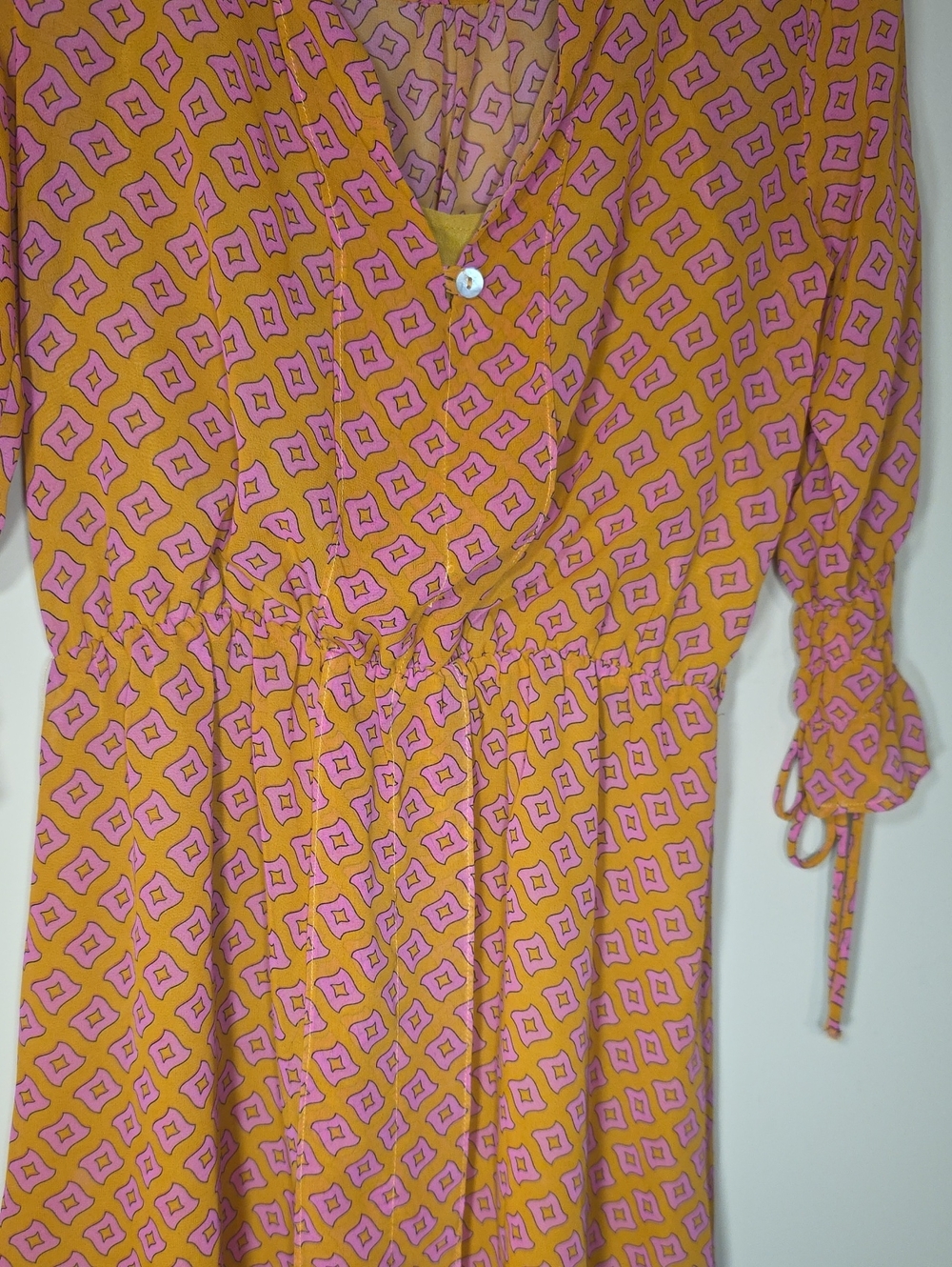 Umgee Boho Babydoll Dress Mustard Pink Geometric Print Tie Sleeve Small - Picture 9 of 9